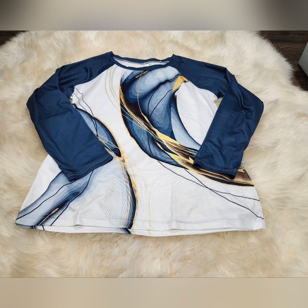 Stylish Blue and Gold Long Sleeve Top Size Medium